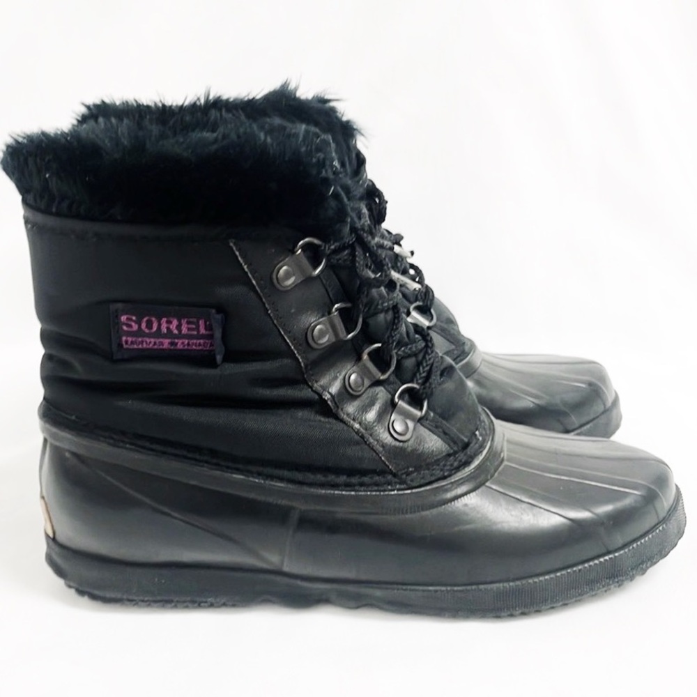 SOREL Black Kaufman Boots Insulated Waterproof Lace Up With Fur Trim Size 7